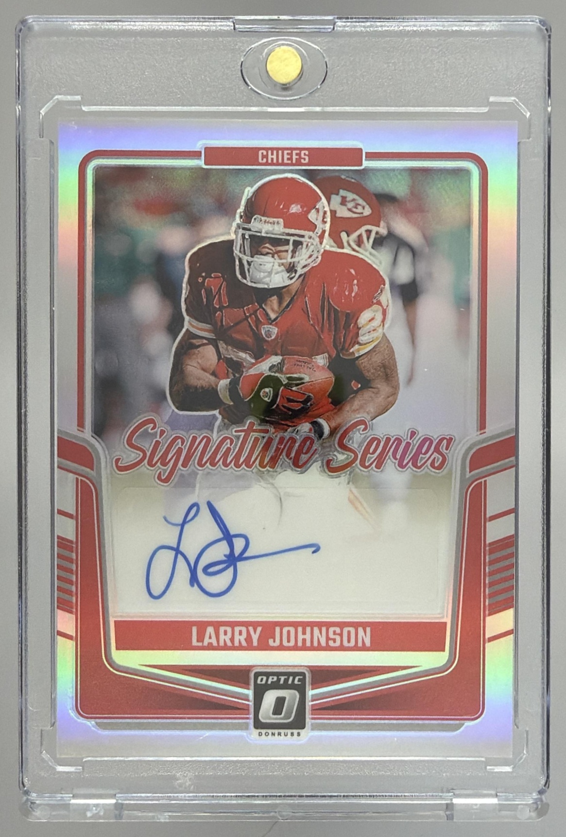 Card image for 2024 Panini Donruss Optic Larry Johnson Signature Series Holo #SSH-LJN Auto Chiefs