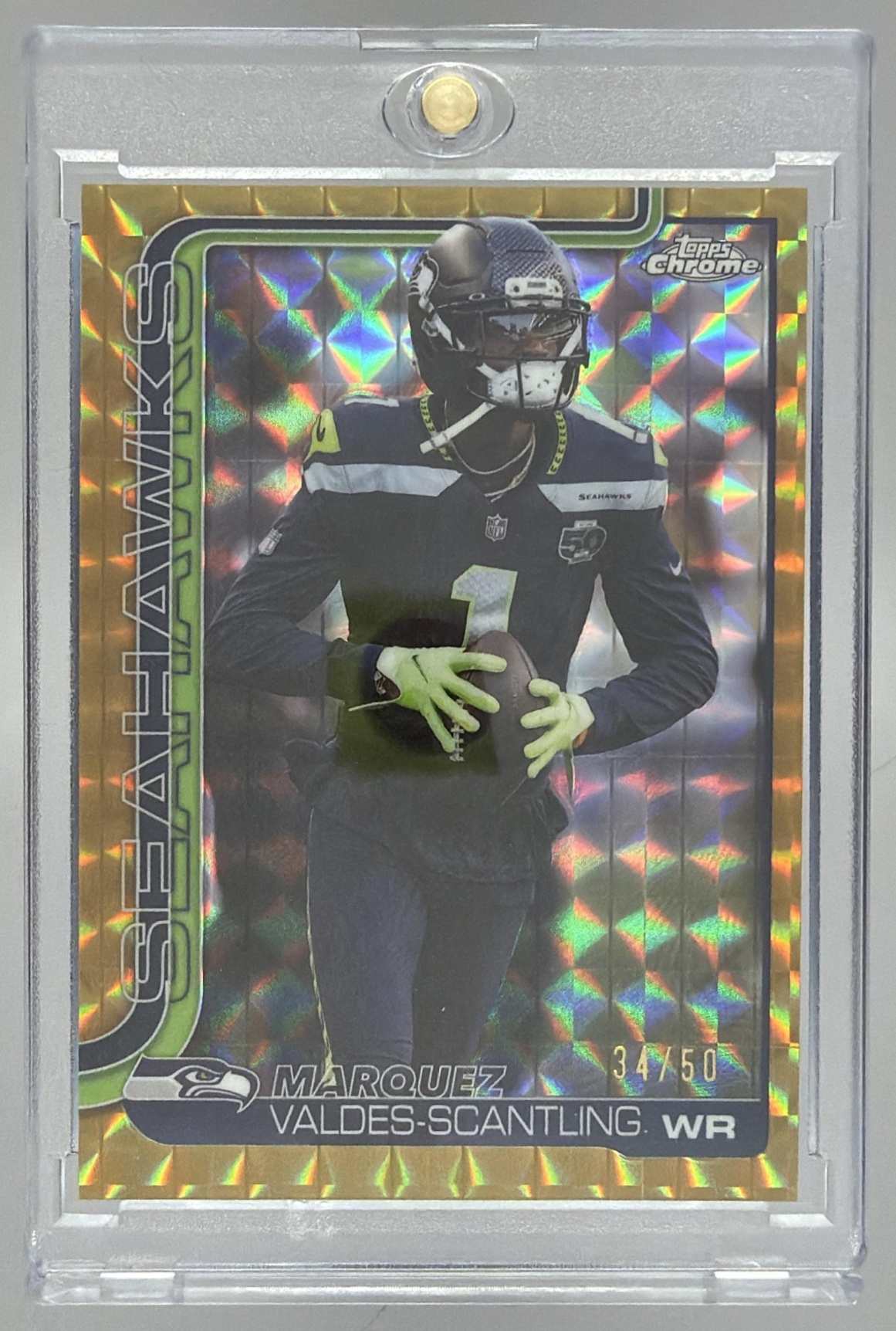 Card image for 2025 Topps Chrome Marquez Valdes-Scantling Gold Geometric Refractor /50 #272 Seahawks