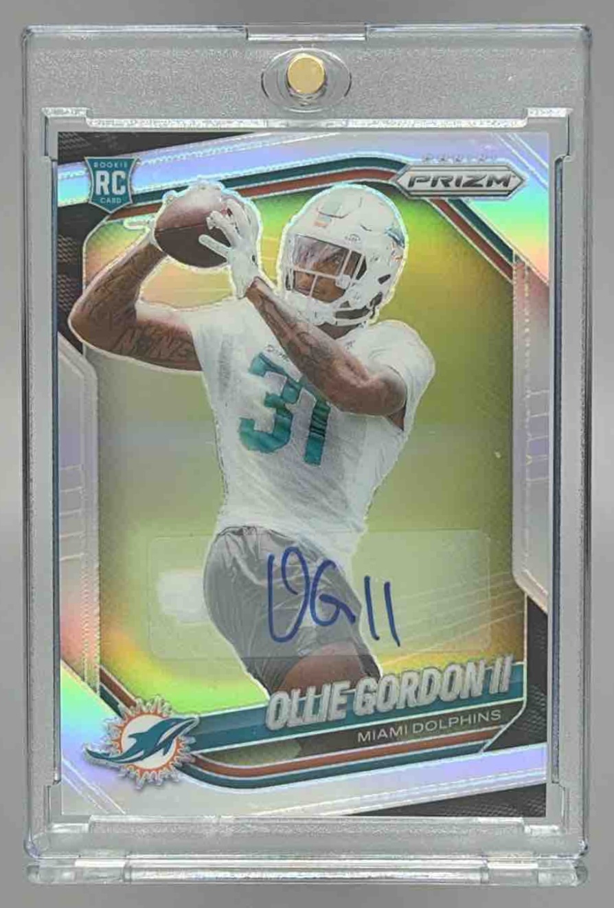 Card image for 2025 Panini Prizm Ollie Gordon II Rookie Choice Auto /100 #333 RC Dolphins