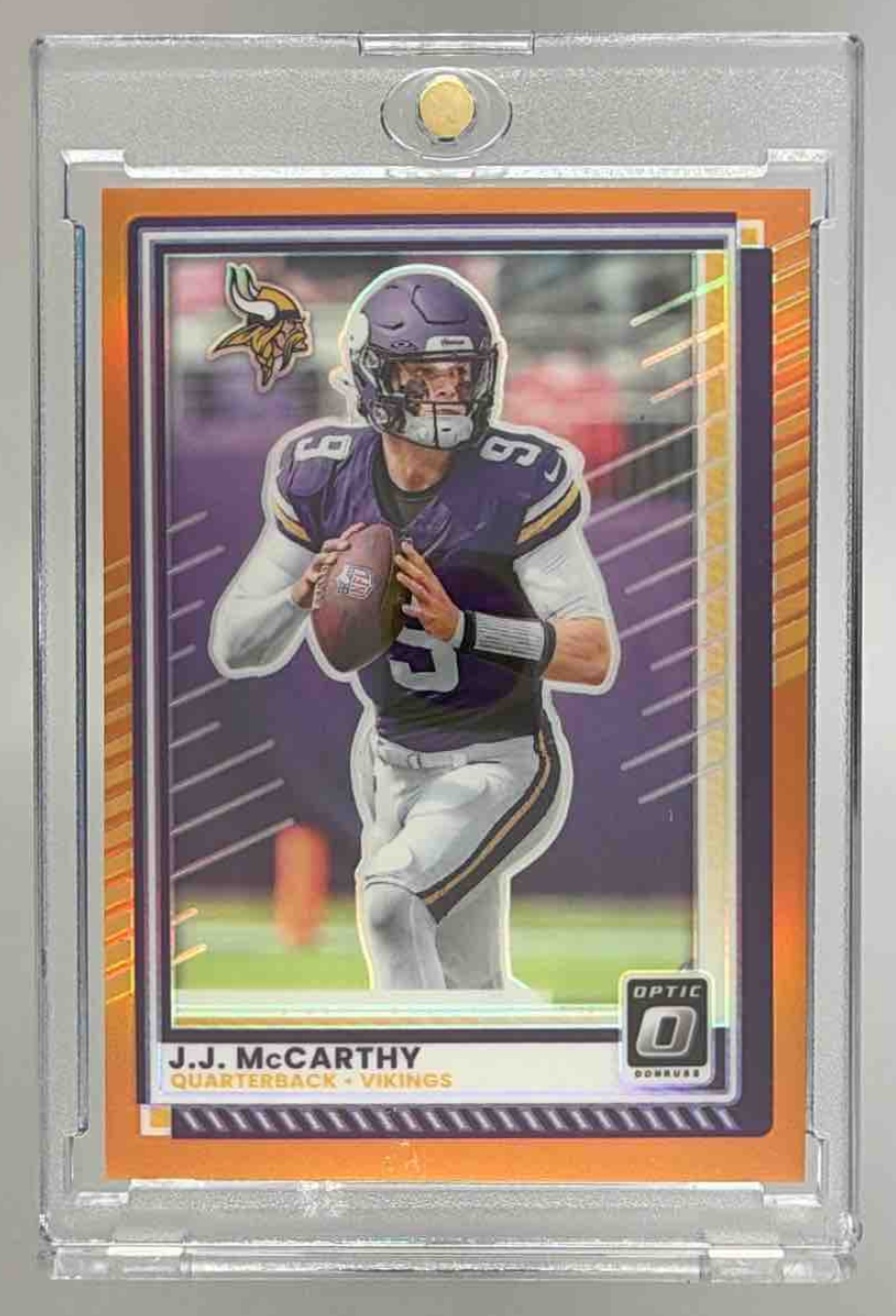 Card image for 2025 Panini Donruss Optic J.J. McCarthy Orange Prizm /299 #46 Vikings
