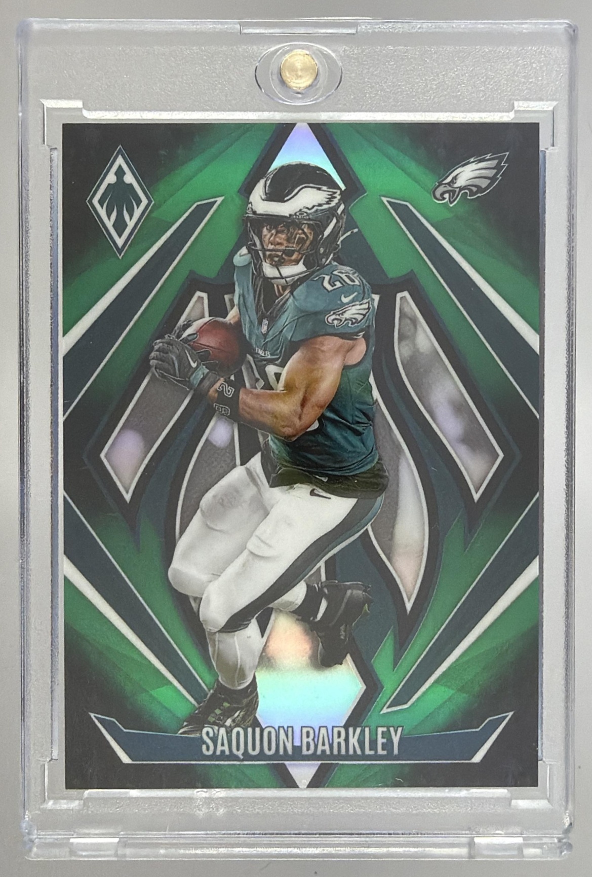 Card image for 2024 Panini Phoenix Saquon Barkley Green Fade /199 #128 Eagles