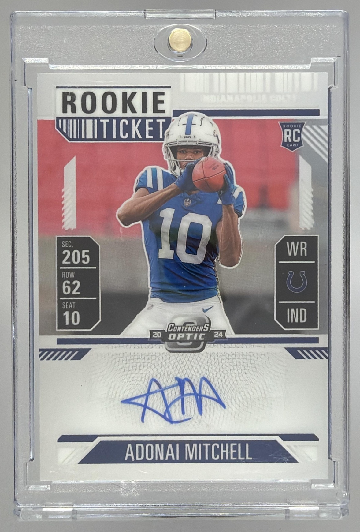 Card image for 2024 Panini Contenders Optic Adonai Mitchell Rookie Ticket RPS Auto Silver Prizm #108 RC Colts