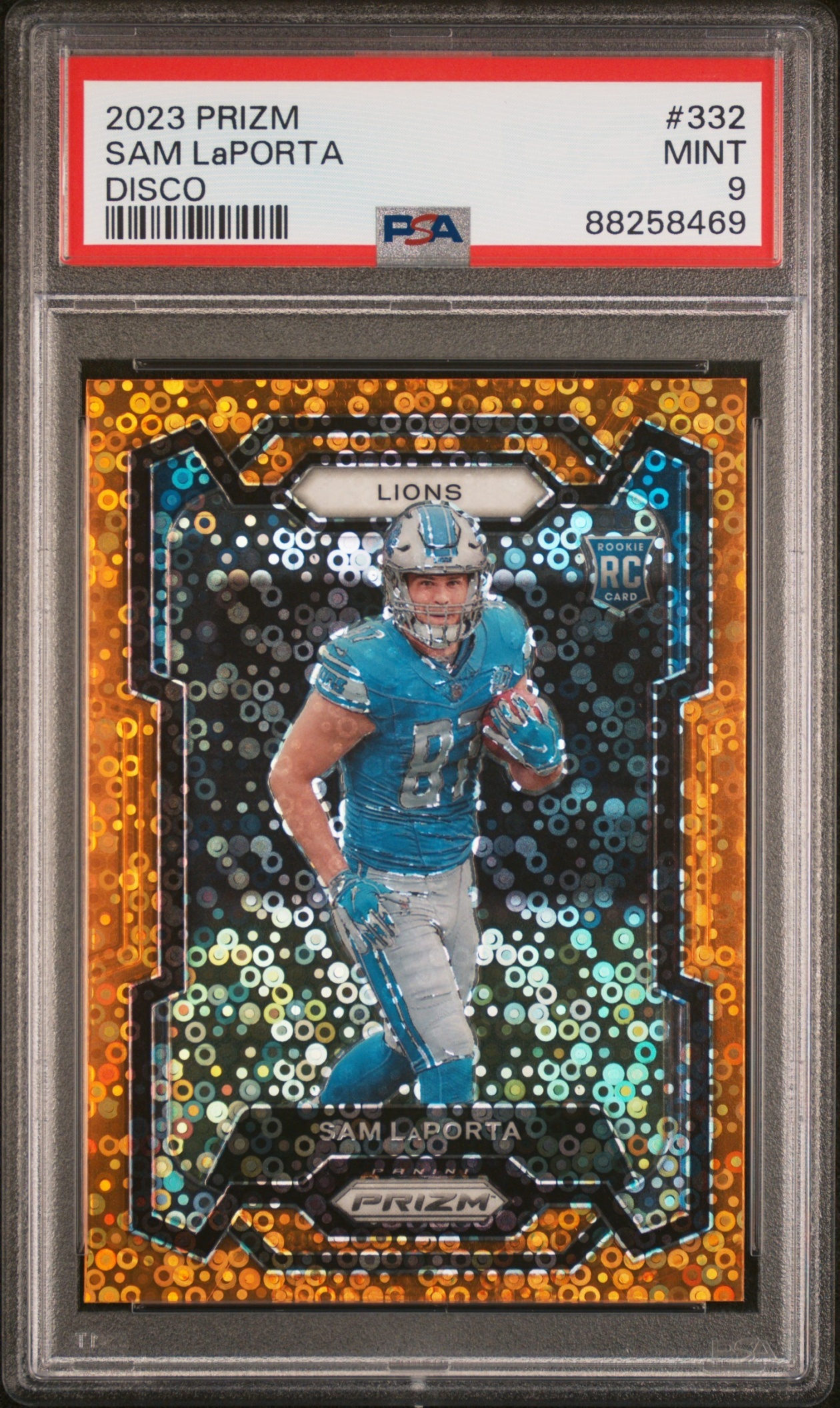 Card image for 2023 Panini Football Prizm Sam LaPorta Orange Disco #332 RC Detroit Lions