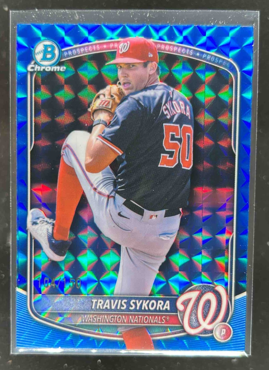 Card image for Travis Sykora 2025 Bowman Draft Chrome Blue Geometric Refractor /150