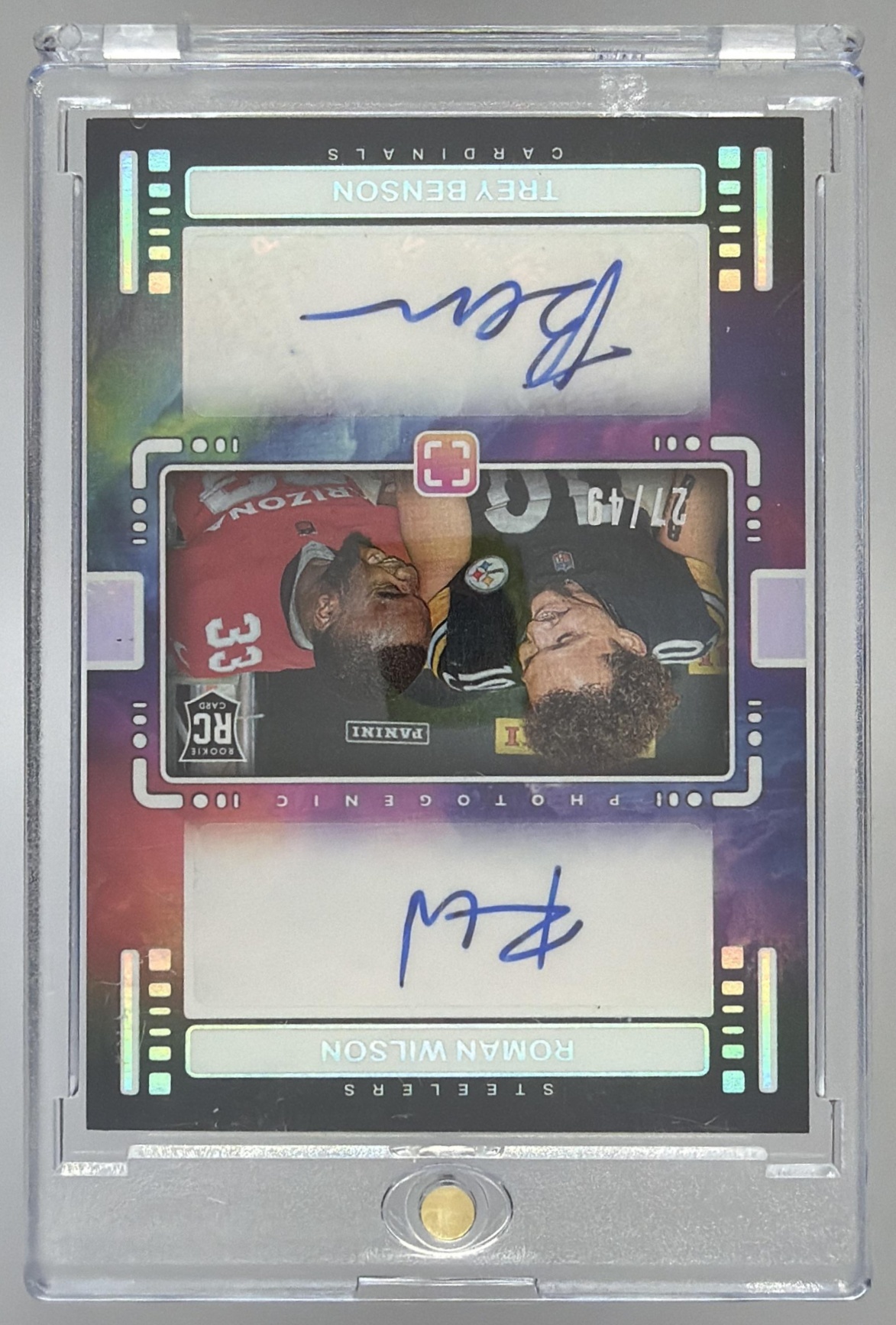 Card image for 2024 Panini Photogenic Roman Wilson Trey Benson Rookie Photo Bomb Auto Silver /49 #10 RC
