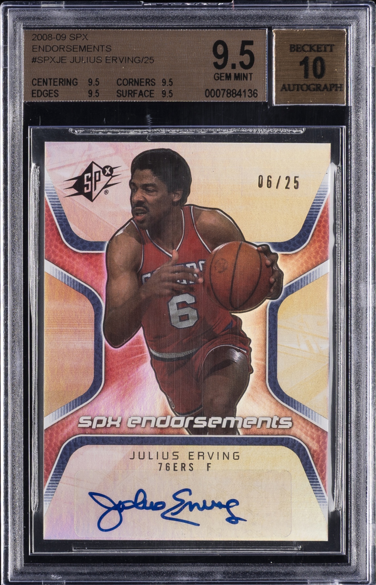 2008 SPx Julius Erving Endorsements /25 #SPX-JE Auto 76ers BGS 9.5