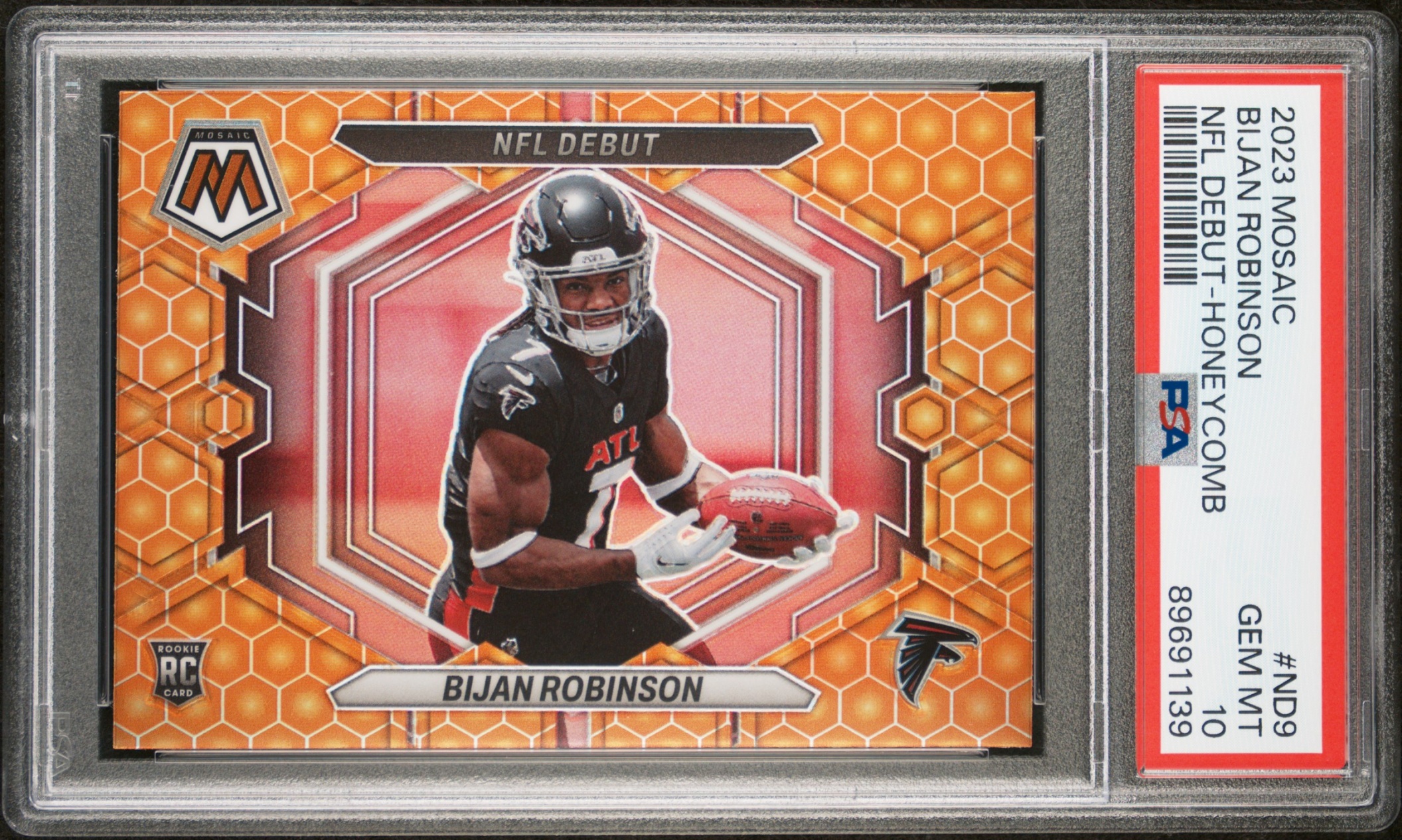 Card image for 2023 Panini Mosaic Bijan Robinson Honeycomb #ND-9 RC NFL Debut Falcons PSA 10