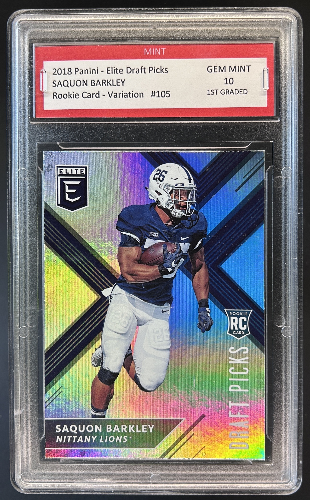 Card image for 2018 ELITE DRAFT PICKS SAQUON BARKLEY #105B VARIATION RC ROOKIE MINT 10 GEM MINT 1ST GRADED!