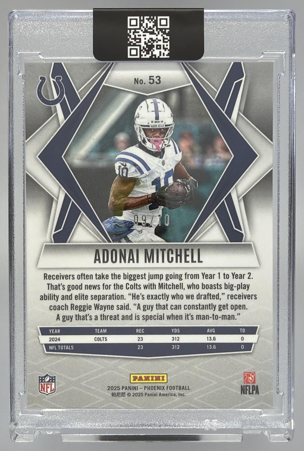 Card image for 2025 Panini Phoenix Adonai Mitchell Gold Lava Prizm /10 #53 Colts
