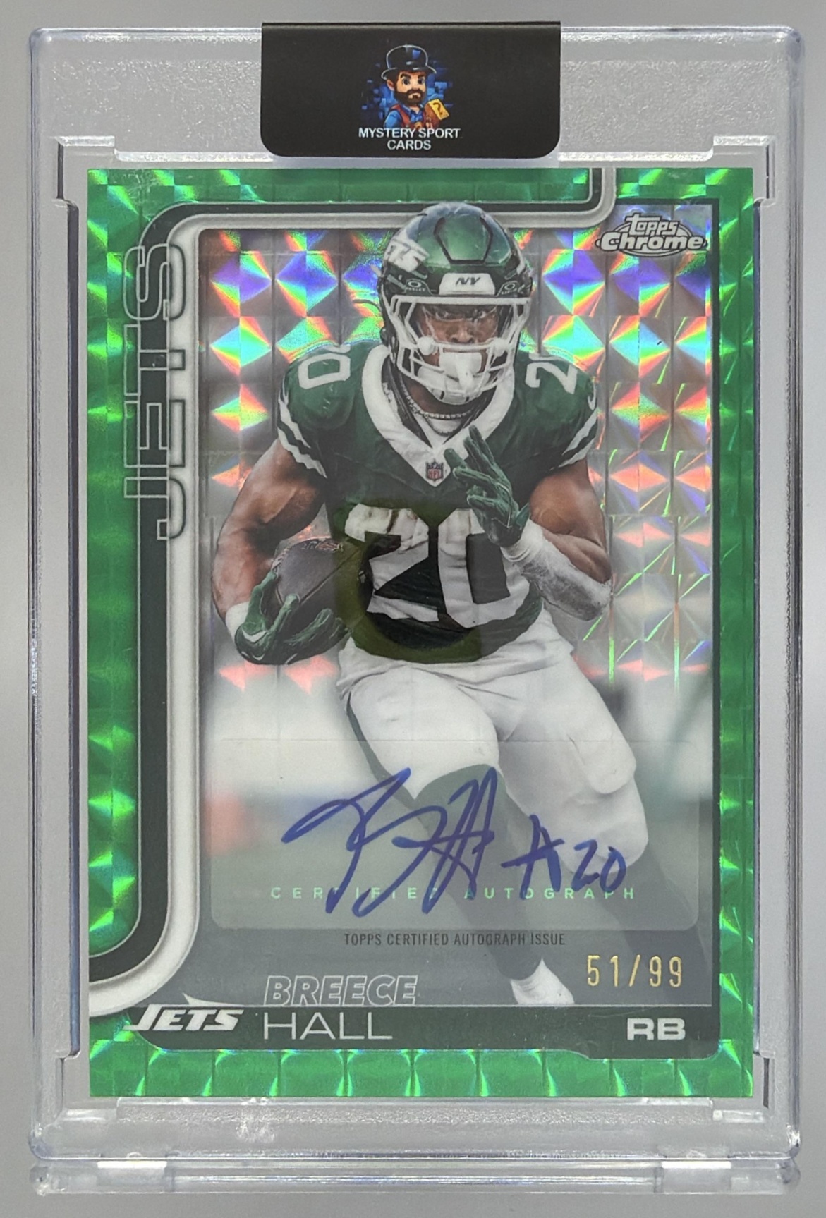 Card image for 2025 Topps Chrome Breece Hall Auto Green Geometric Refractor /99 #BA-BH Jets