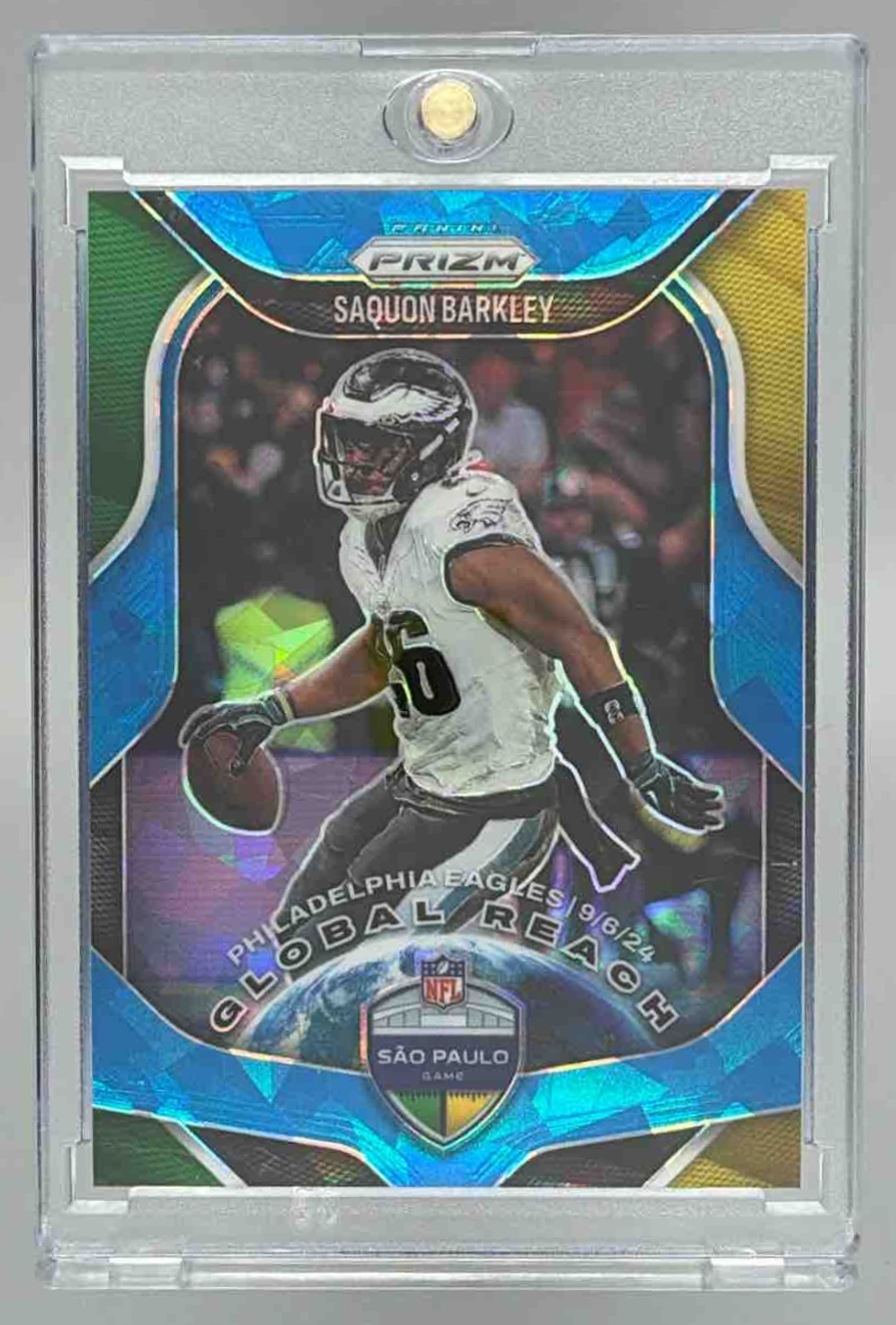 Card image for 2025 Panini Prizm Saquon Barkley Global Reach Blue Ice /99 #1 Eagles