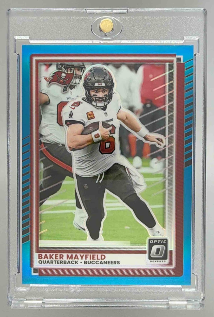 Card image for 2025 Panini Donruss Optic Baker Mayfield Aqua Prizm /349 #148 Buccaneers