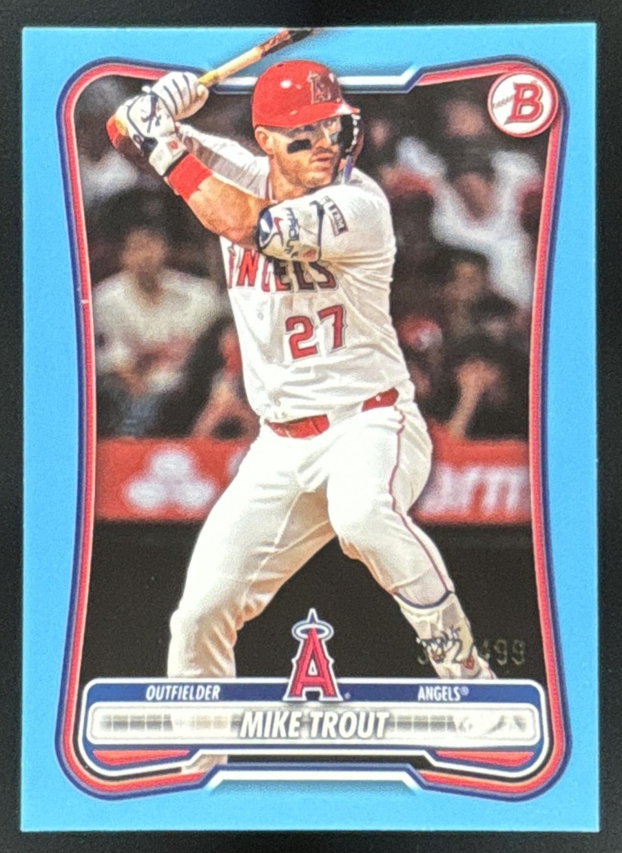 Card image for Mike Trout 2026 Bowman Sky Blue Border /499 Los Angeles Angels