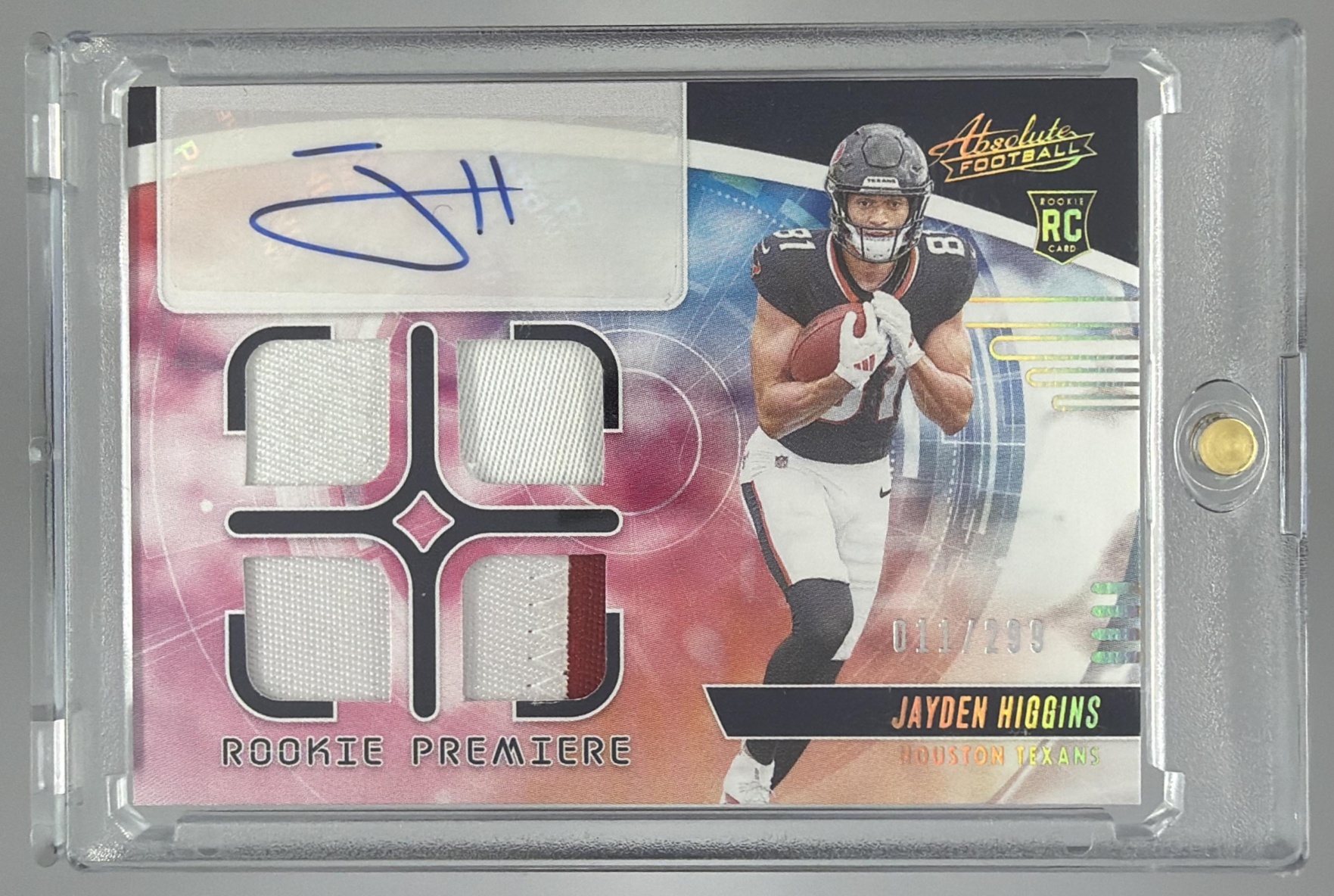 Card image for 2025 Panini Absolute Jayden Higgins Rookie Premiere Materials Autos Quad /299 #RPM-JHS MEM RC Auto Texans