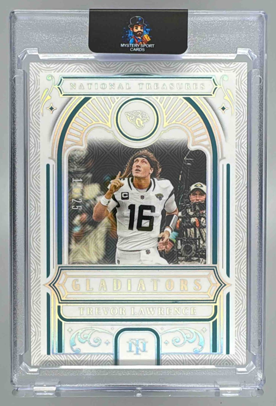 Card image for 2025 Panini National Treasures Trevor Lawrence Gladiators Holo Silver /25 #G-TLE Jaguars