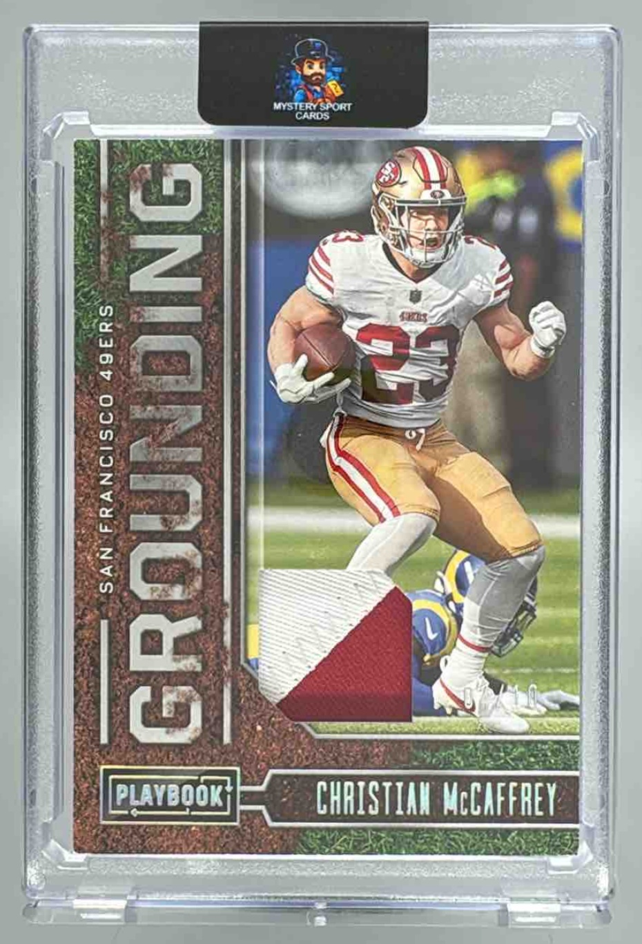 Card image for 2022 Panini Playbook Christian McCaffrey Grounding Prime /10 #G-3 49ers