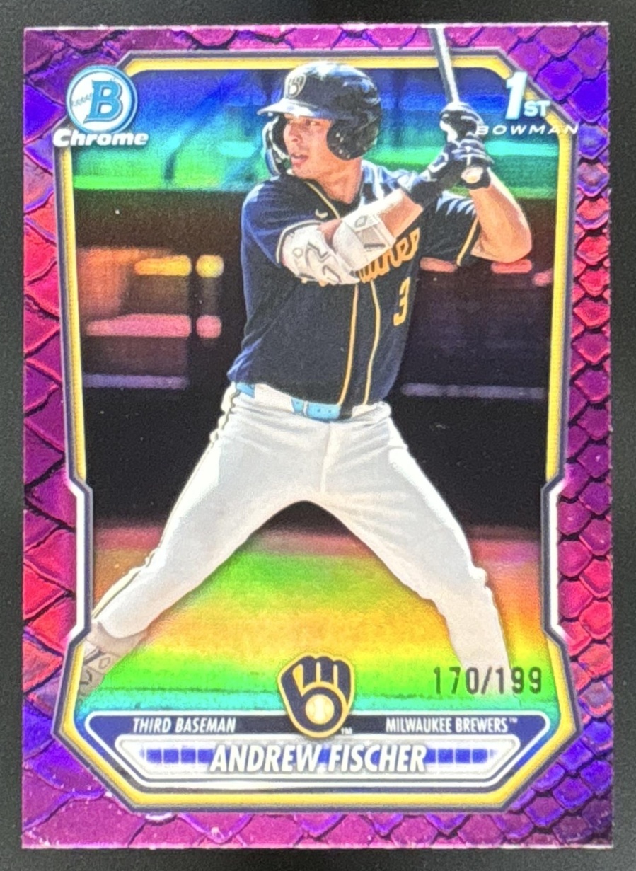 Card image for 2026 Bowman Andrew Fischer Chrome Reptilian Fuchsia Refractor /199 1st Prospect