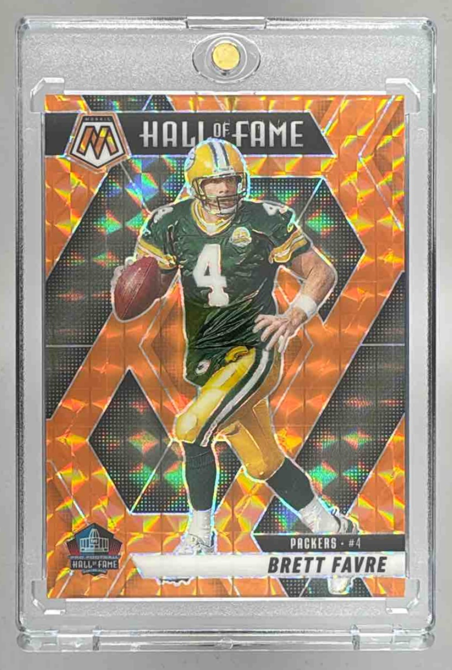 Card image for 2025 Panini Mosaic Brett Favre Hall of Fame Orange Prizm /199 #293 Packers