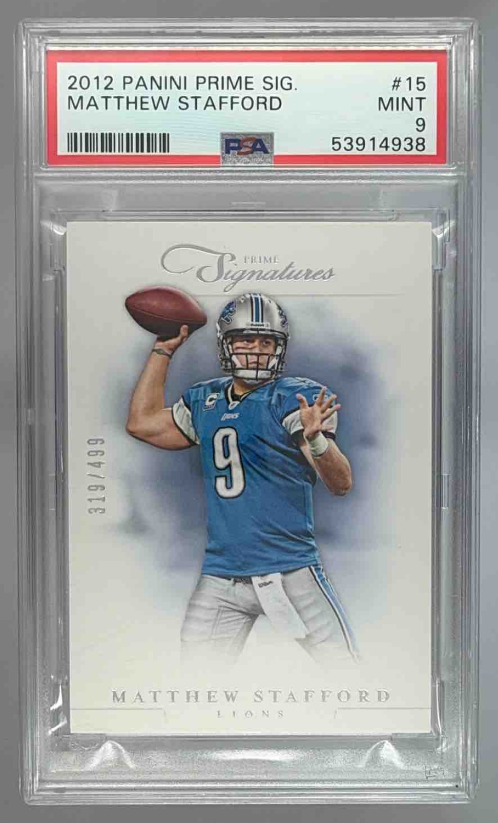 Card image for 2012 Panini Prime Signatures Matthew Stafford Auto Printing Plates Black 1/1 #15 Lions