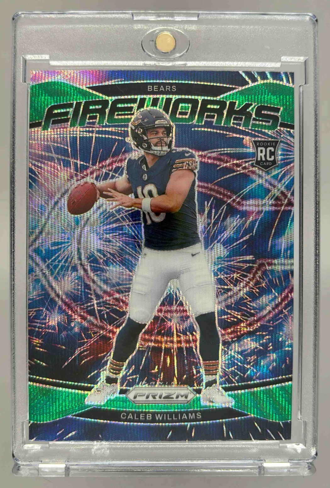 Card image for 2024 Panini Prizm Caleb Williams Fireworks Green Wave #25 RC Bears