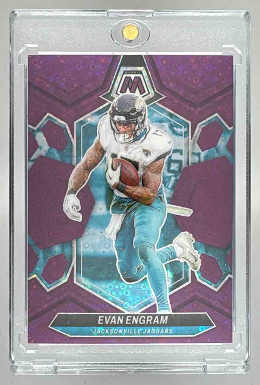 Card image for 2024 Panini Mosaic Evan Engram No Huddle Purple Prizm /50 #103 Jaguars