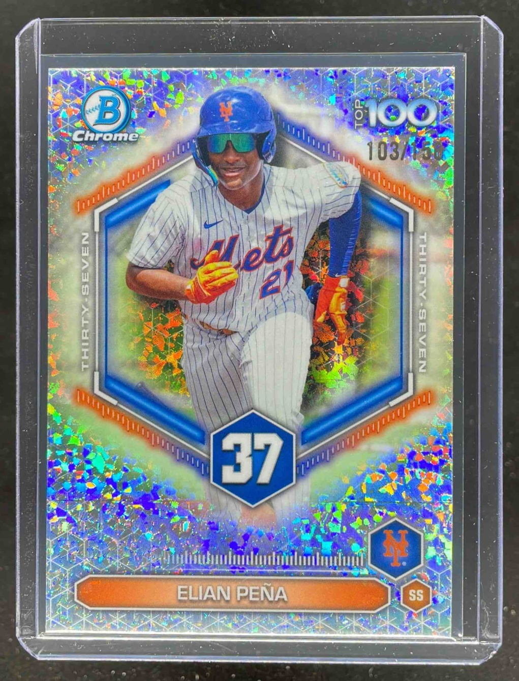 Card image for 2026 Bowman Elian Pena Scouts Top 100 Chrome Mini-Diamond Refractor /150 #BTP-37