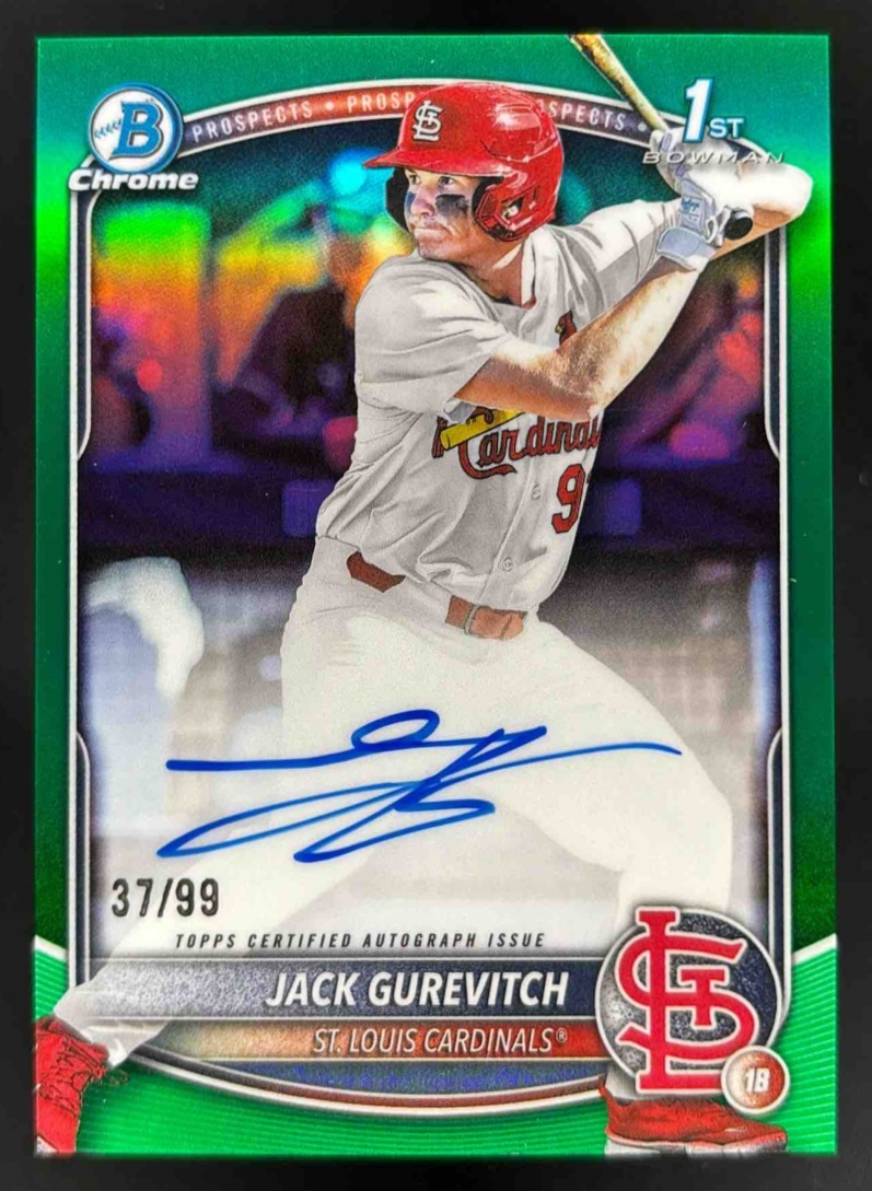 Card image for 2025 Bowman Draft Jack Gurevitch Chrome Auto Green Refractor /99 1st Prospect