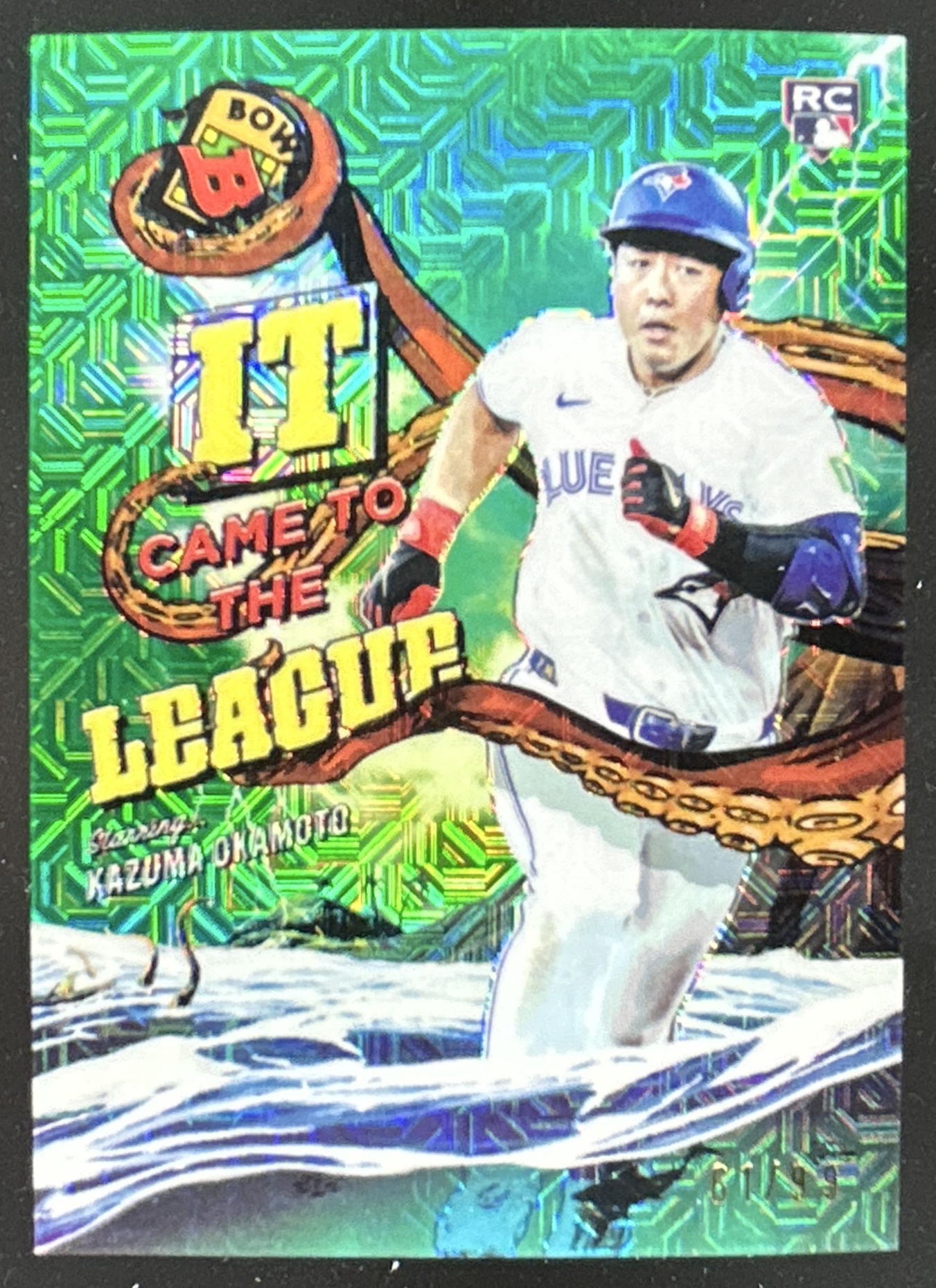 Card image for Kazuma Okamoto 2026 Bowman Chrome Mega Box It Came To The League Green Mojo Refractor /99