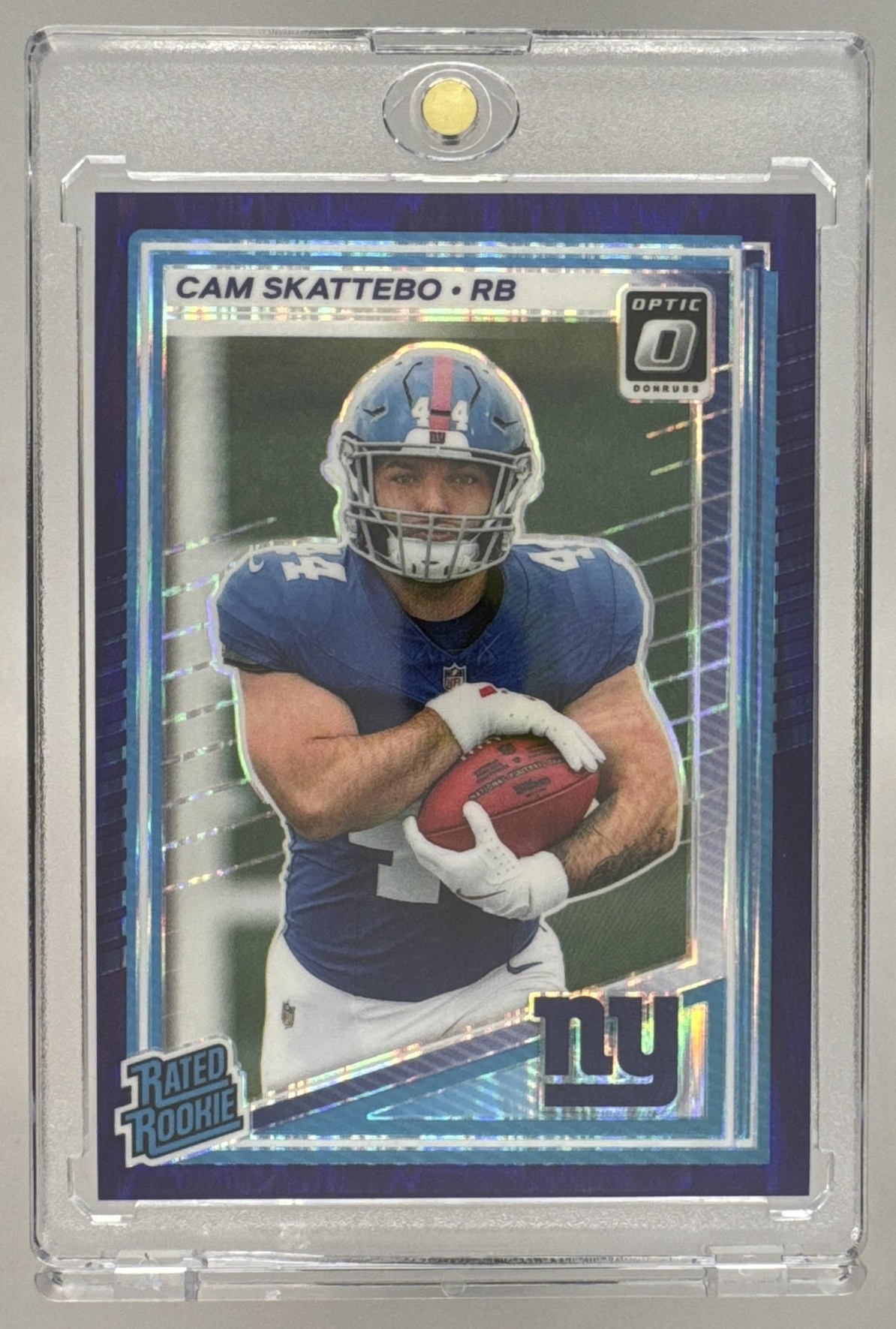 Card image for 2025 Panini Donruss Optic Cam Skattebo Rated Rookie Purple Shock Prizm #228 Giants