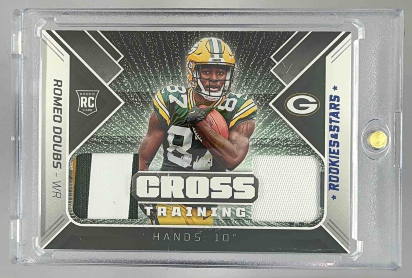 Card image for 2022 Panini Rookies & Stars Romeo Doubs Cross Training /249 #CT-RD MEM RC Packers