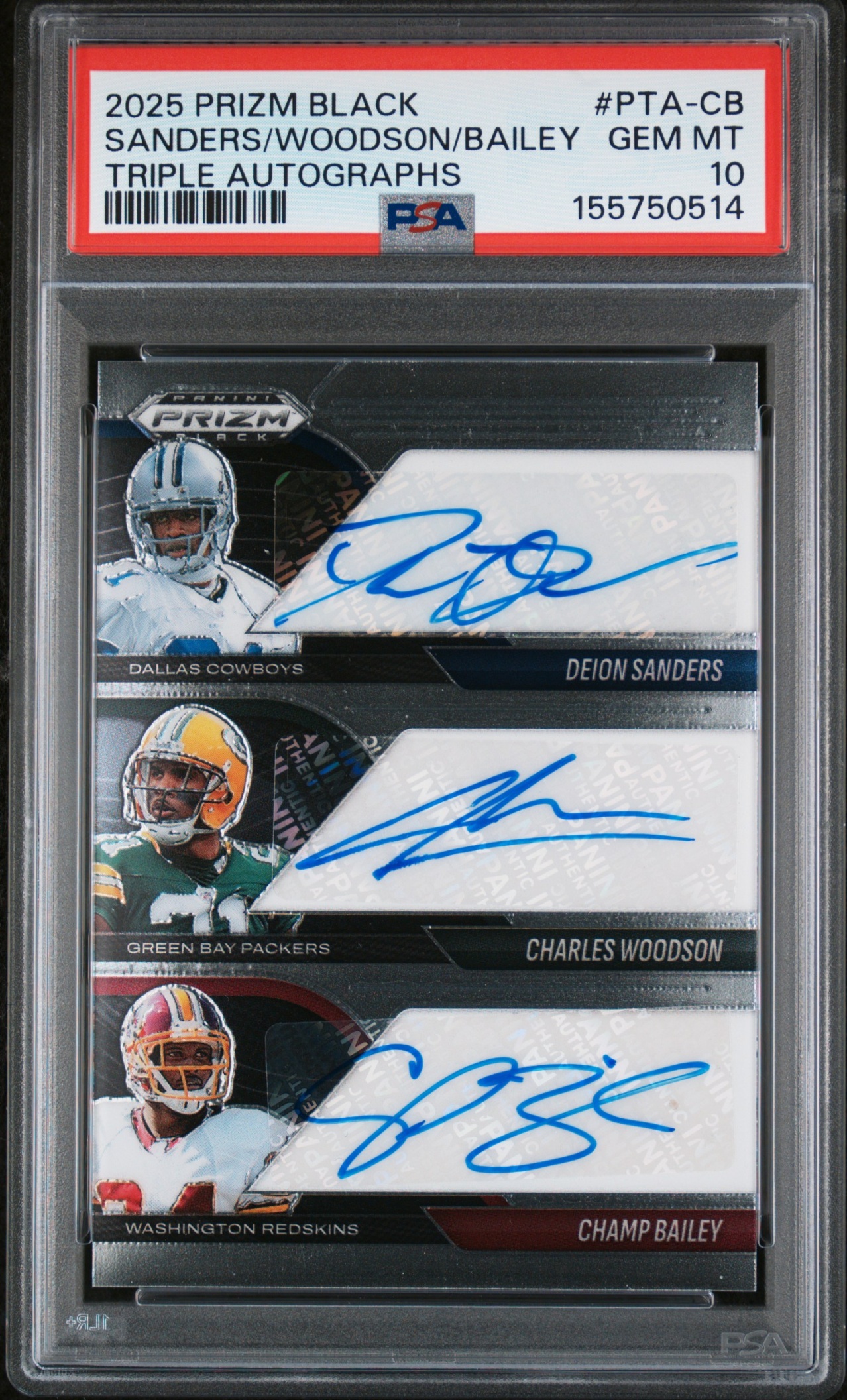 Card image for 2025 Panini Prizm Black Deion Sanders Champ Bailey Charles Woodson Triple Auto Mojo /25 #PTA-CB PSA 10