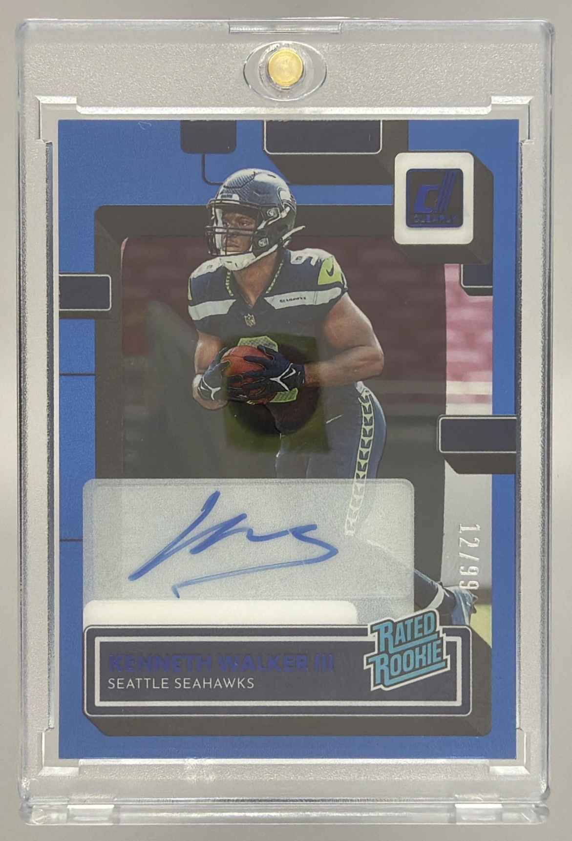 Card image for 2022 Panini Clearly Donruss Kenneth Walker III Rated Rookie Auto Blue /99 #68 RC Seahawks