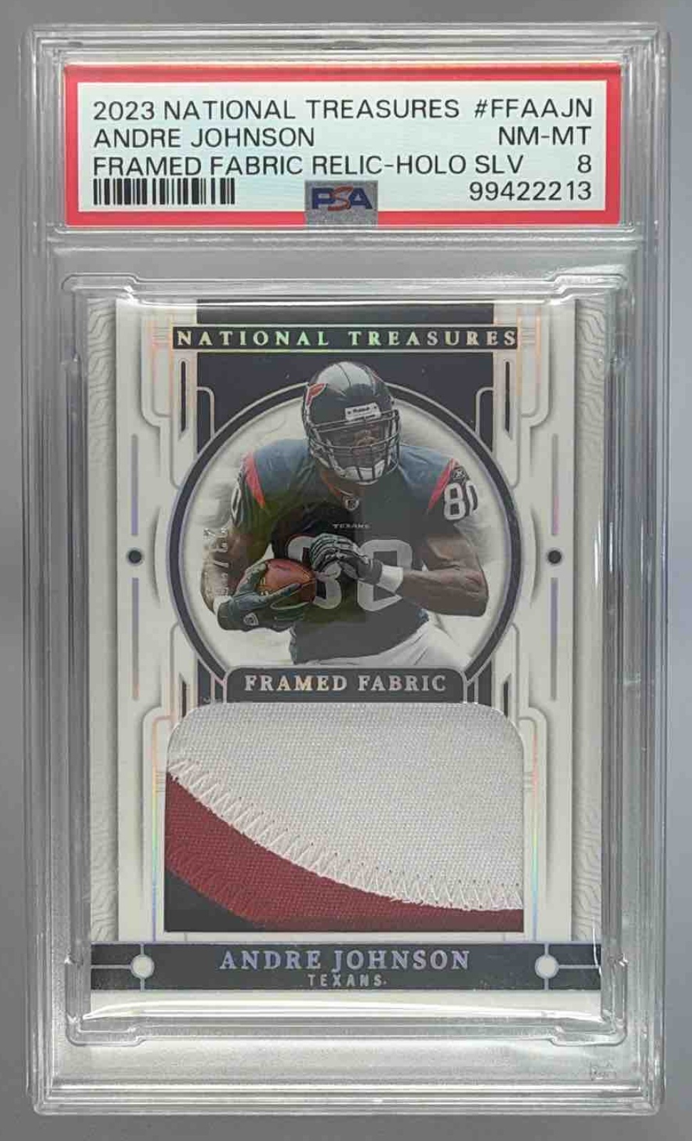 Card image for 2023 Panini National Treasures Andre Johnson Framed Fabric Holo Silver /25 #FFA-AJN MEM Texans