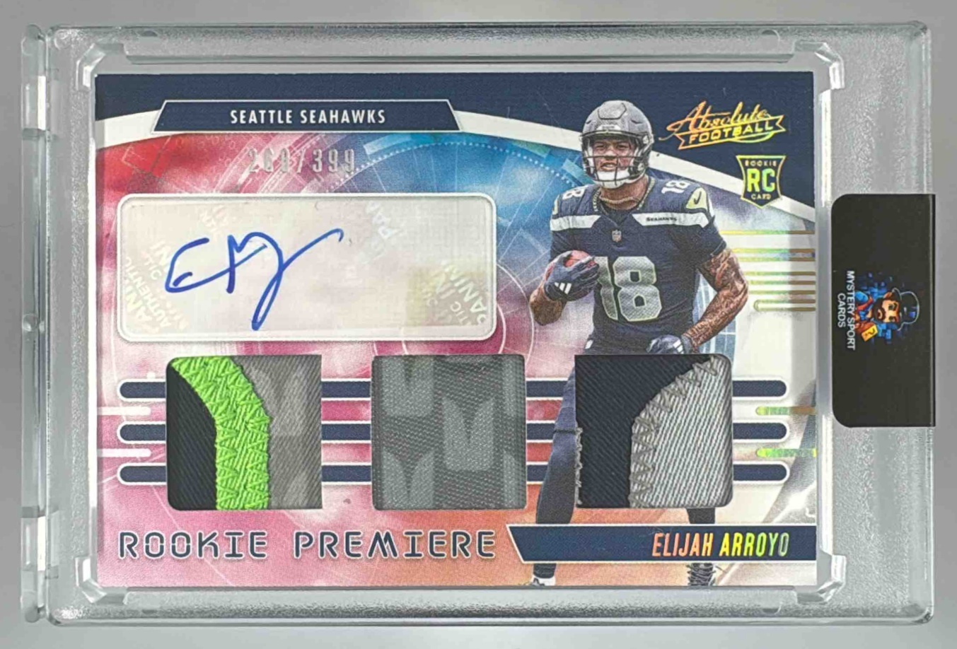 Card image for 2025 Panini Absolute Elijah Arroyo Rookie Premiere Materials Autos /399 #RPM-EAO MEM RC Auto Seahawks