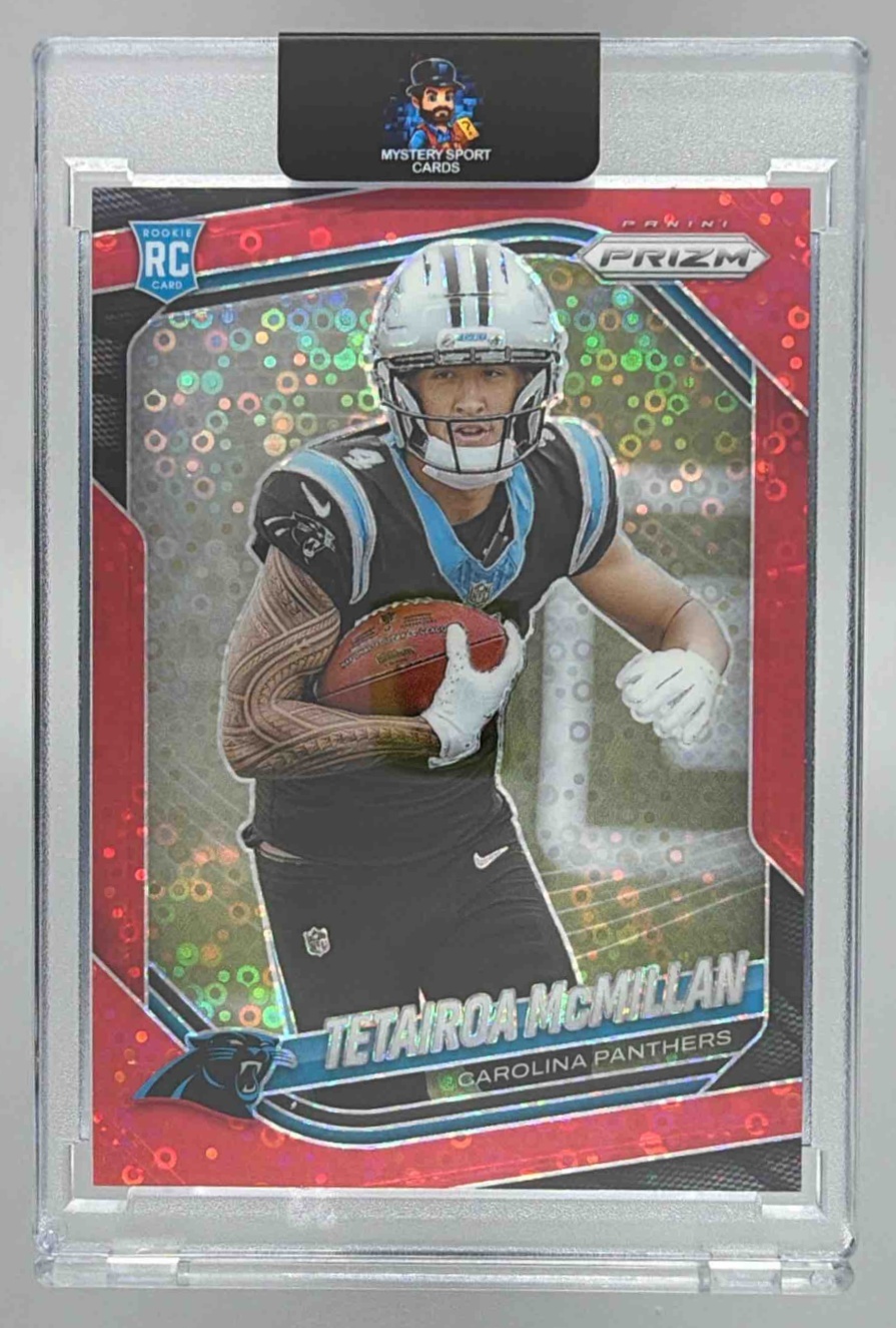 Card image for 2025 Panini Prizm Tetairoa McMillan No Huddle Red /99 #311 RC Panthers