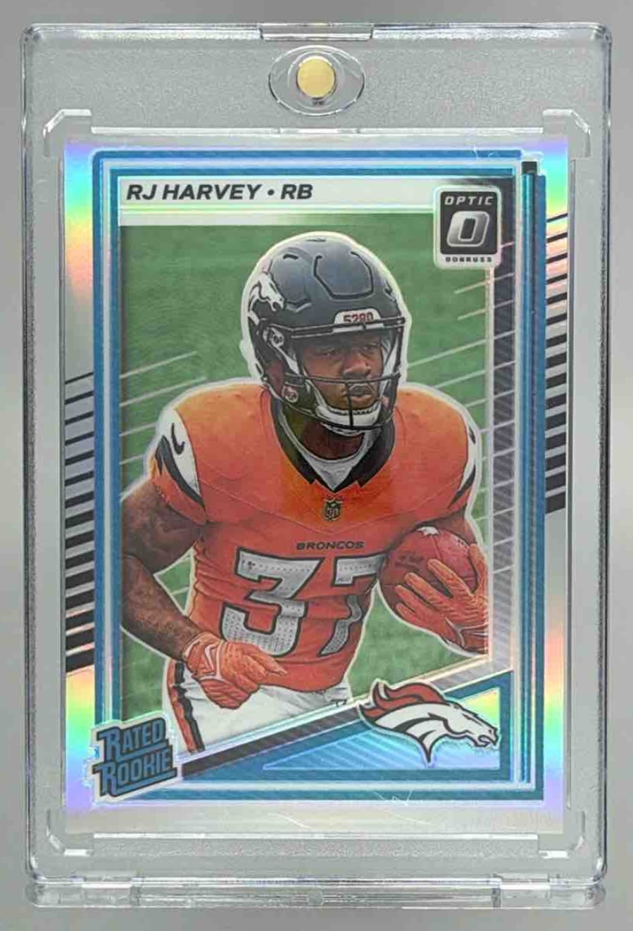 Card image for 2025 Panini Football Donruss Optic RJ Harvey Rated Rookie #208 Denver Broncos