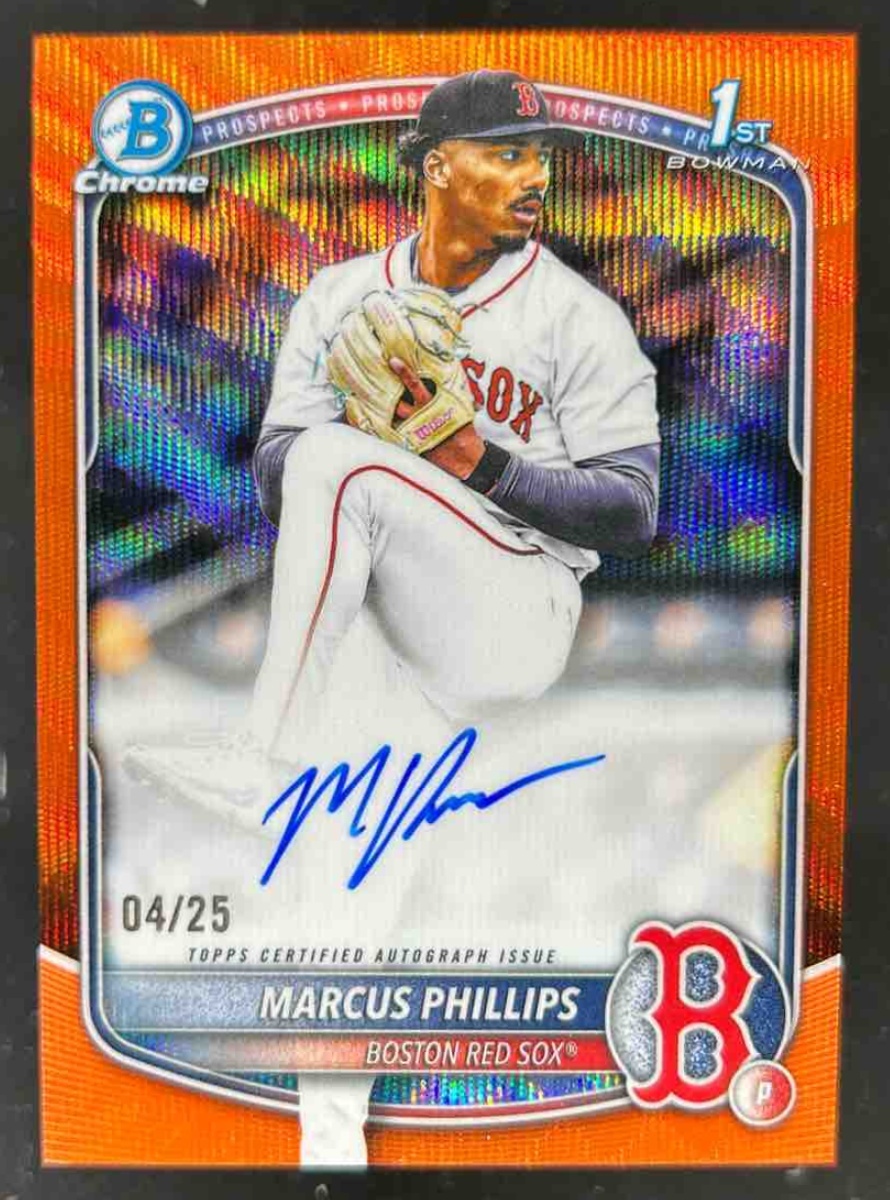 Card image for Marcus Phillips 2025 Bowman Draft Chrome Prospect Auto Orange Shimmer Refractor /25