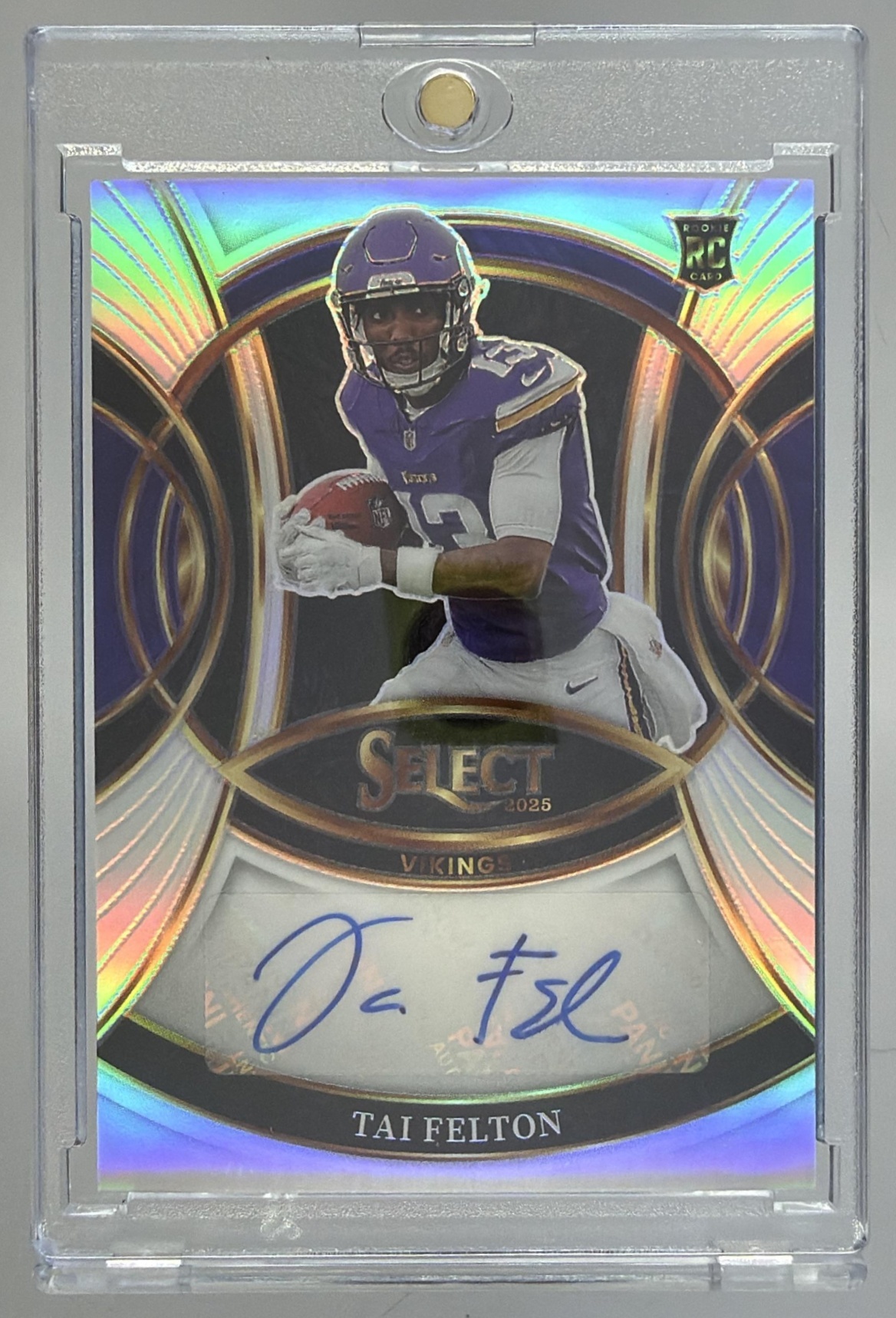 Card image for 2025 Panini Select Tai Felton Rookie Signatures Silver Prizm #RSI-TAF RC Auto Vikings