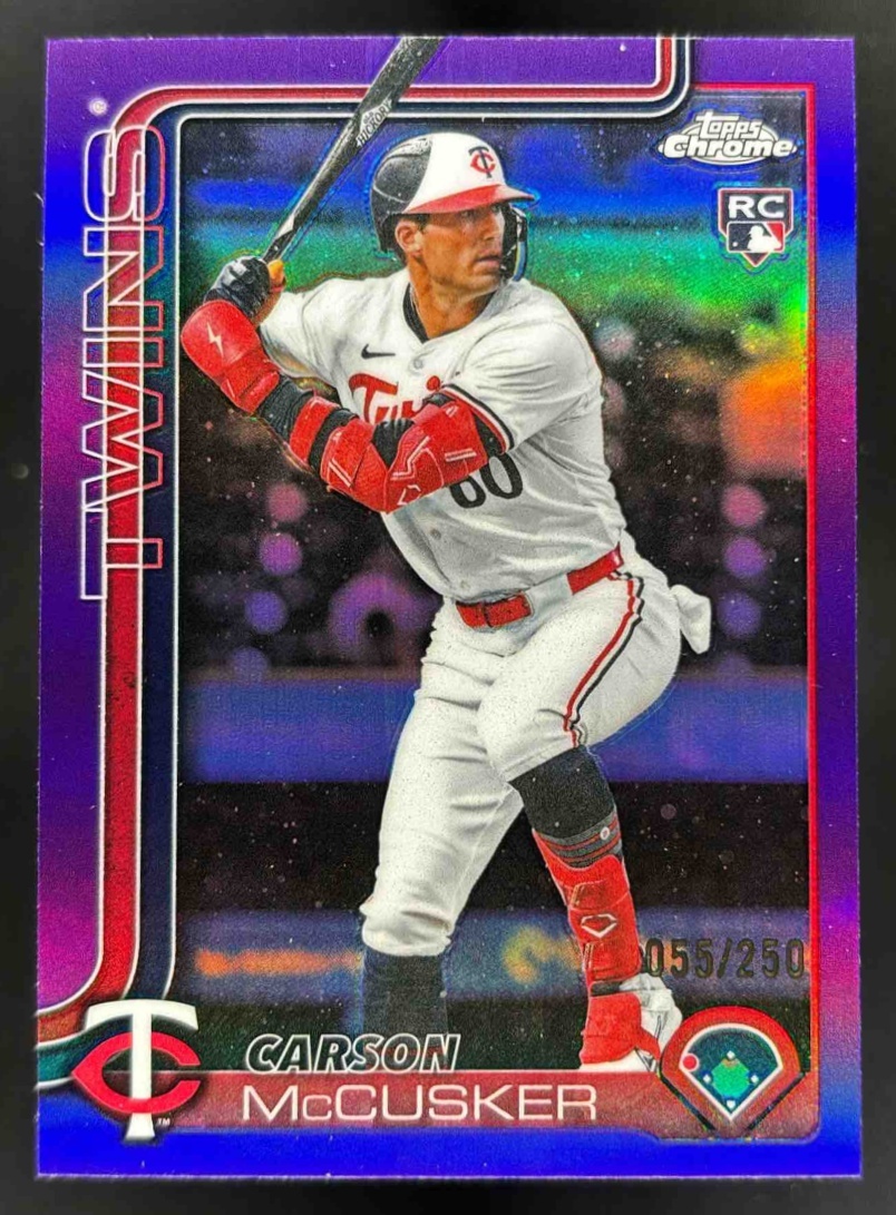 Card image for 2025 Topps Chrome Update Carson McCusker Purple Refractor /250 #USC155 RC Twins