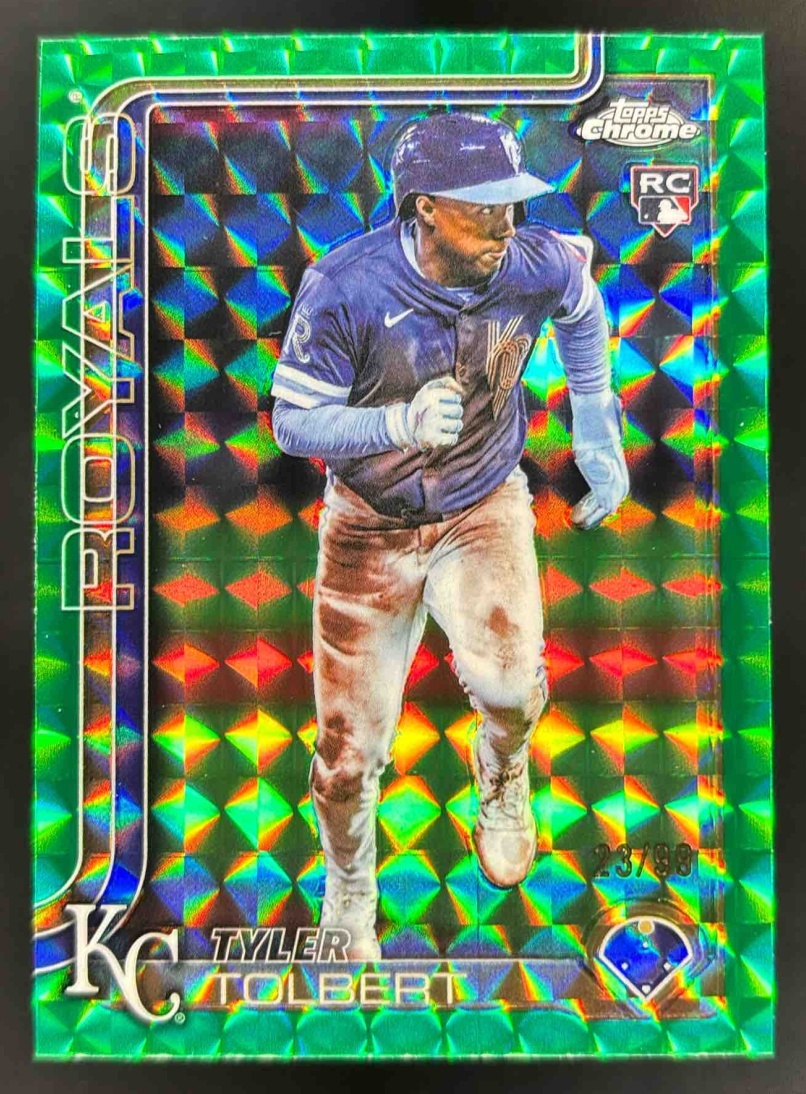 Card image for 2025 Topps Chrome Update Tyler Tolbert Green Geometric Refractor /99 RC