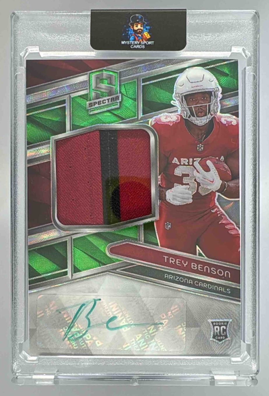 Card image for 2024 Panini Spectra Trey Benson Aspiring Patch Auto Green Neon /35 #APA-TBN RC Cardinals