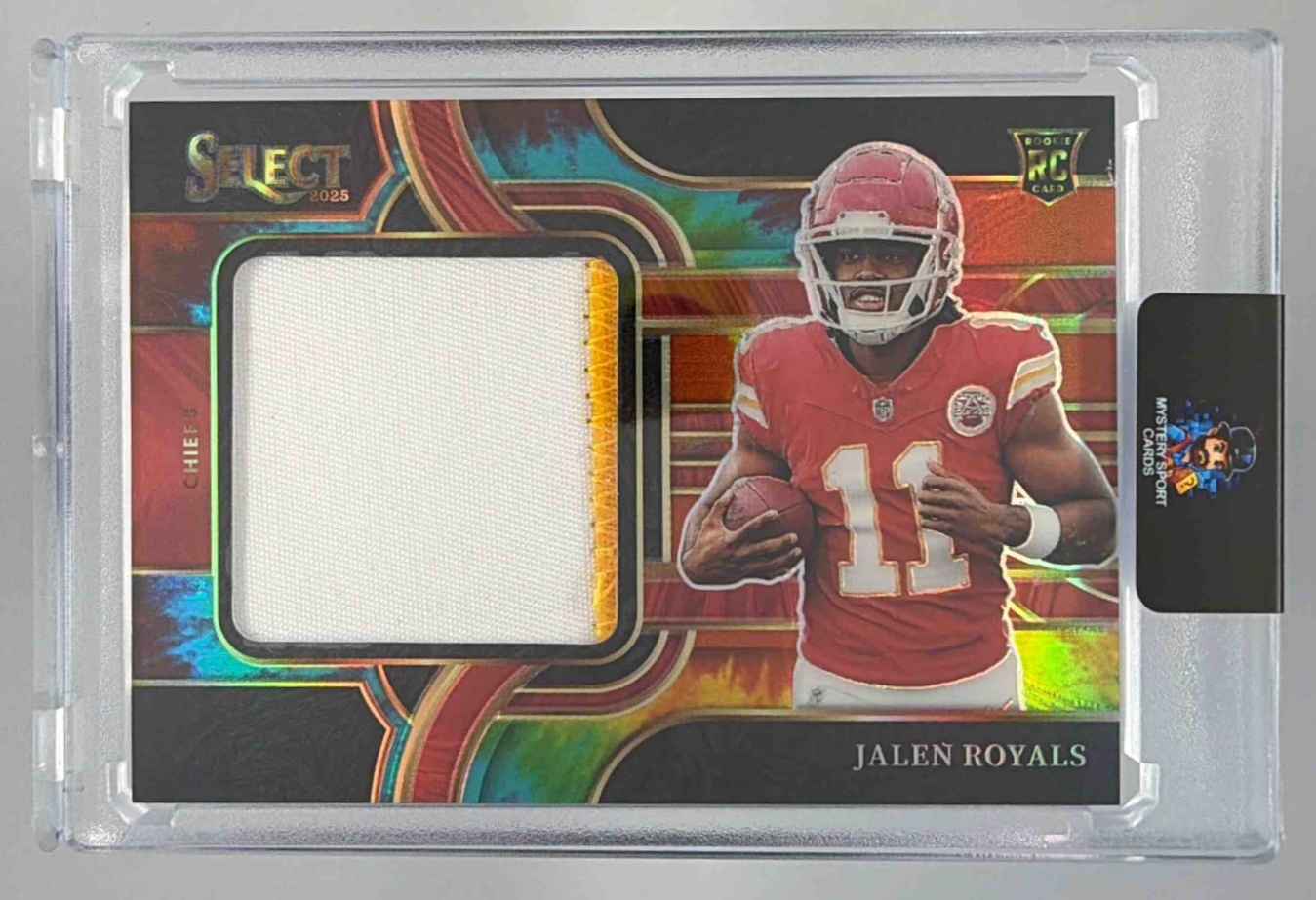 Card image for 2025 Panini Select Jalen Royals Jumbo Rookie Swatch Tie-Dye Prizm /25 #JRSW-JRS RC Chiefs