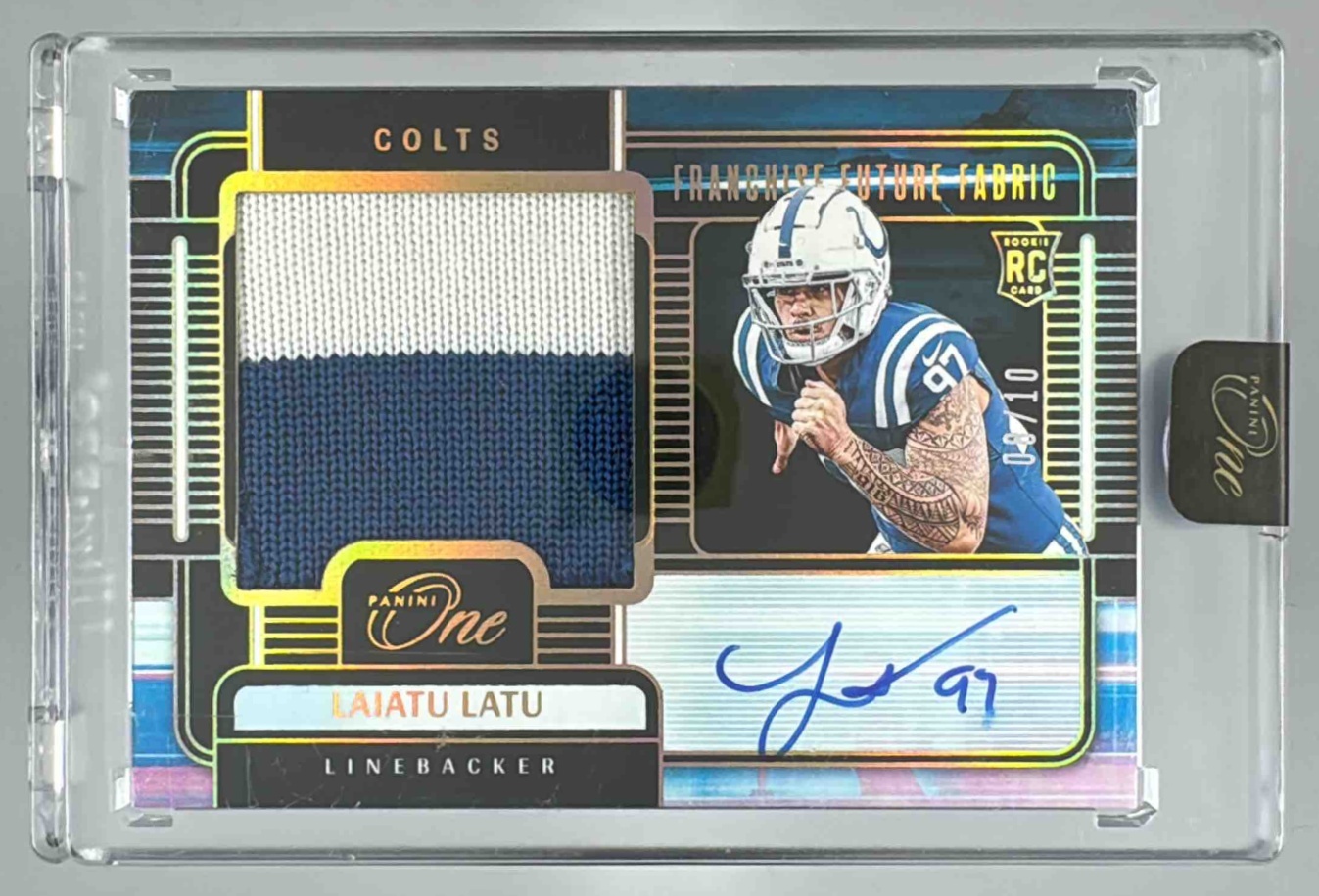 Card image for 2024 Panini One Laiatu Latu Franchise Future Fabric Auto Gold /10 #94 MEM RC Colts