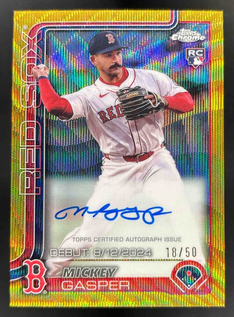 Card image for 2025 Topps Chrome Update Mickey Gasper RC Debut Auto Gold Wave Refractor /50