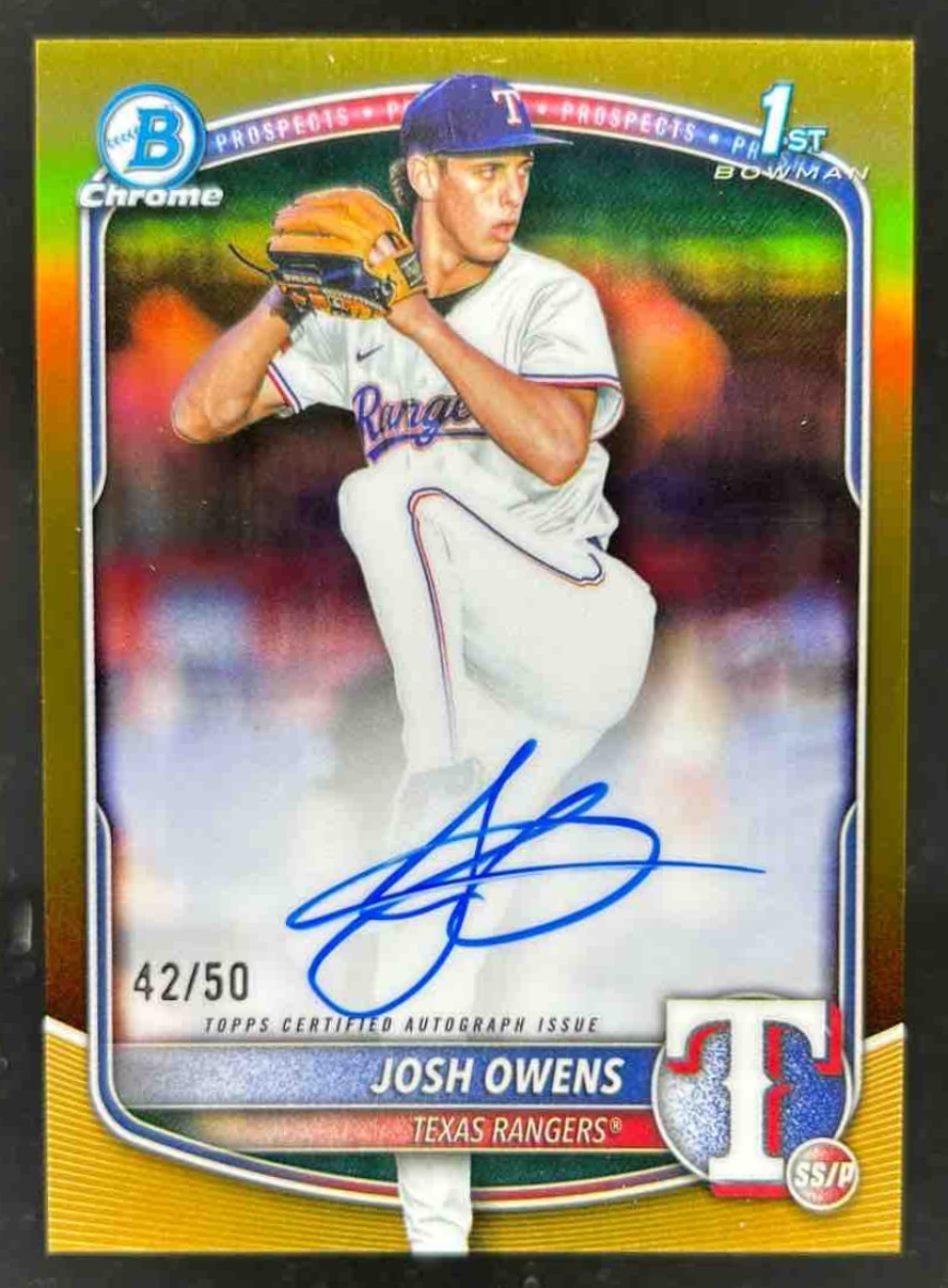 Card image for Josh Owens 2025 Bowman Draft Chrome Prospect Auto Gold Refractor /50