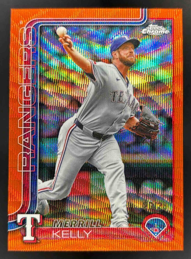 Card image for 2025 Topps Chrome Update Merrill Kelly Orange Wave Refractor /25 #USC162 Rangers