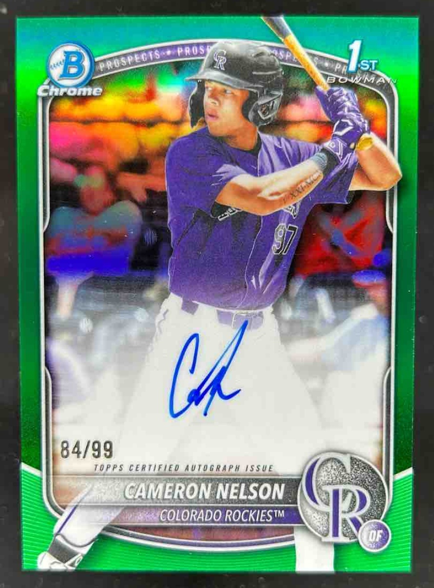 Card image for Cameron Nelson 2025 Bowman Draft Chrome Prospect Auto Green Refractor /99