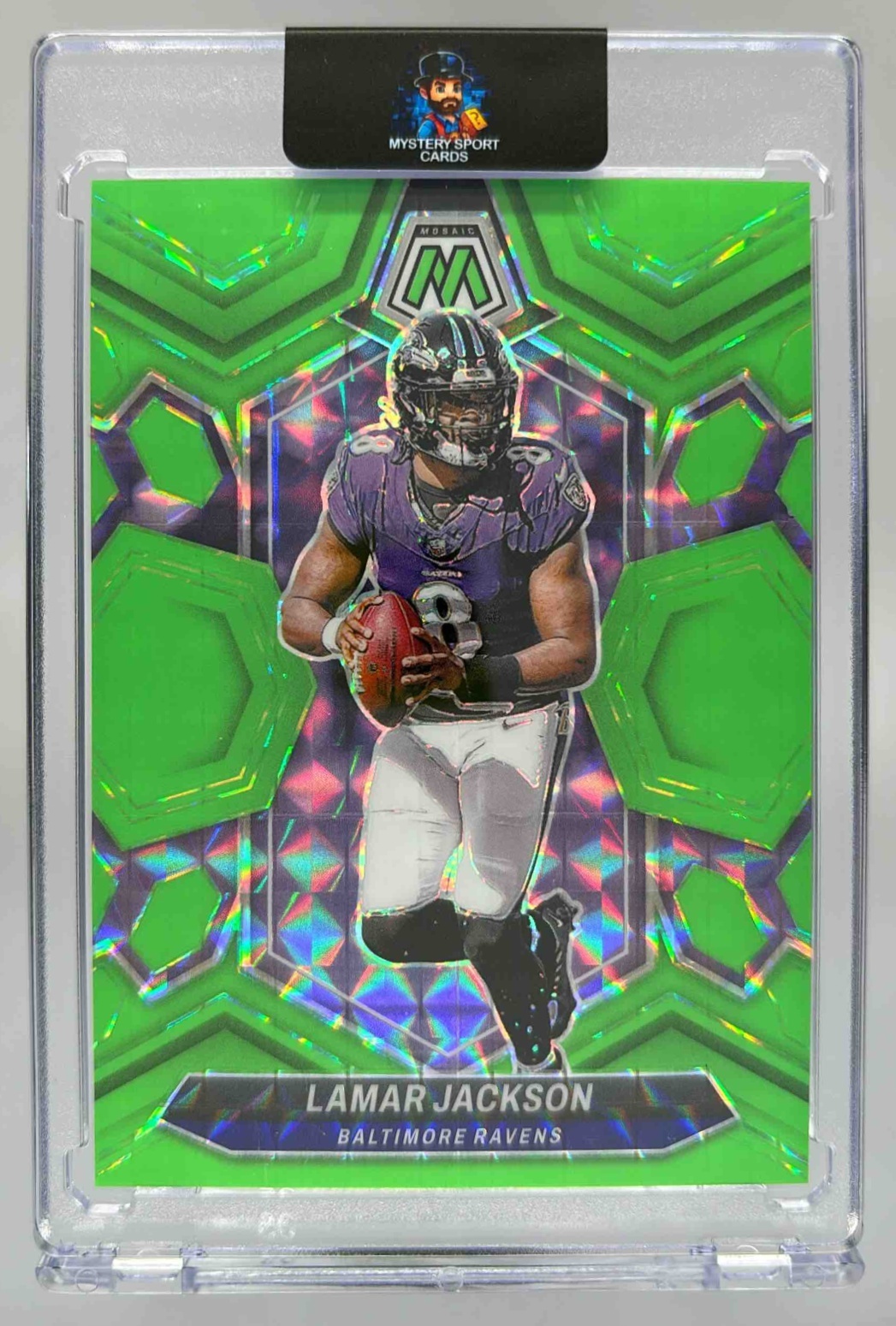 Card image for 2024 Panini Prizm Lamar Jackson No Huddle Neon Green /10 #19 Ravens