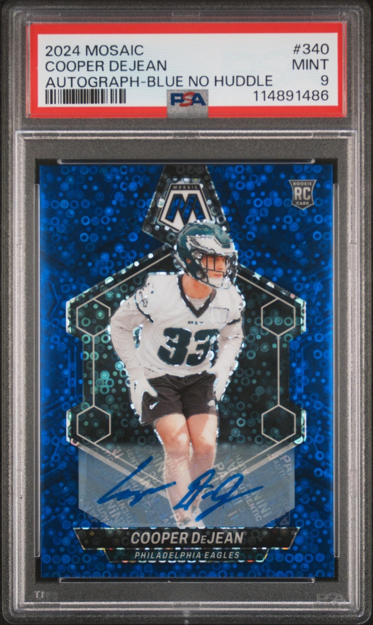 Card image for 2024 Panini Mosaic Cooper DeJean Rookie Auto Purple Prizm /49 #340 RC Eagles