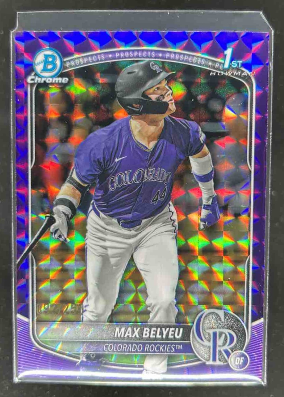 Card image for Max Belyeu 2025 Bowman Baseball Draft Chrome Purple Geometric /150